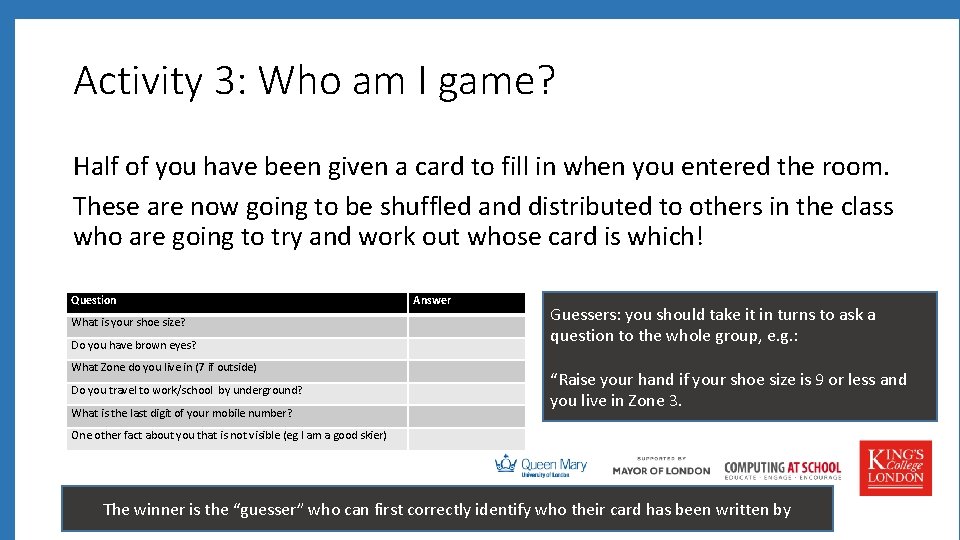 Activity 3: Who am I game? Half of you have been given a card