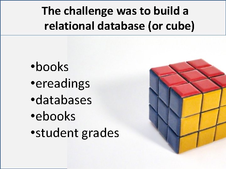 The challenge was to build a relational database (or cube) • books • ereadings