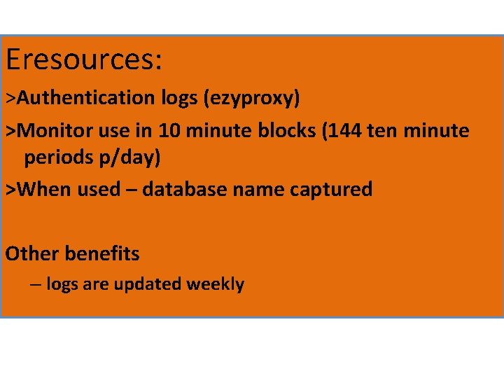 Eresources: >Authentication logs (ezyproxy) >Monitor use in 10 minute blocks (144 ten minute periods