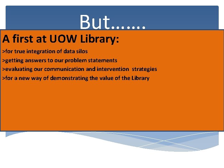 But……. A first at UOW Library: >for true integration of data silos >getting answers