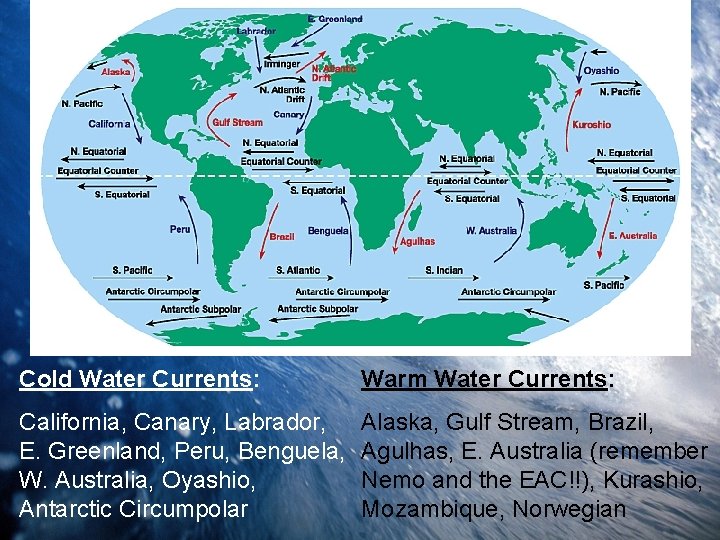 Cold Water Currents: Warm Water Currents: California, Canary, Labrador, E. Greenland, Peru, Benguela, W.