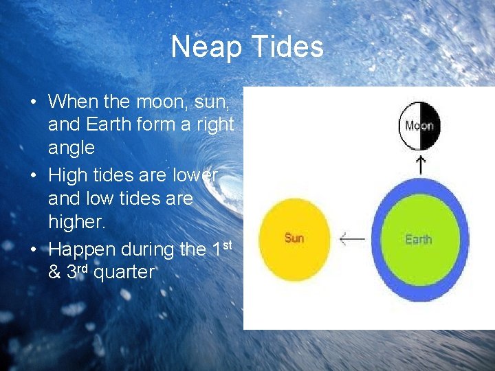 Neap Tides • When the moon, sun, and Earth form a right angle •