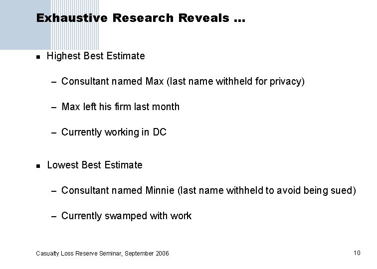 Exhaustive Research Reveals … n Highest Best Estimate – Consultant named Max (last name
