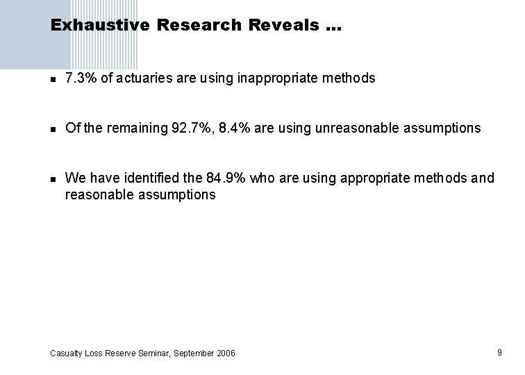 Exhaustive Research Reveals … n 7. 3% of actuaries are using inappropriate methods n