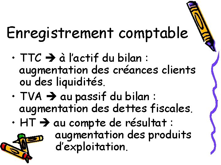 Enregistrement comptable • TTC à l’actif du bilan : augmentation des créances clients ou