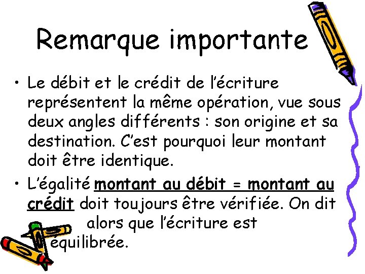 Remarque importante • Le débit et le crédit de l’écriture représentent la même opération,