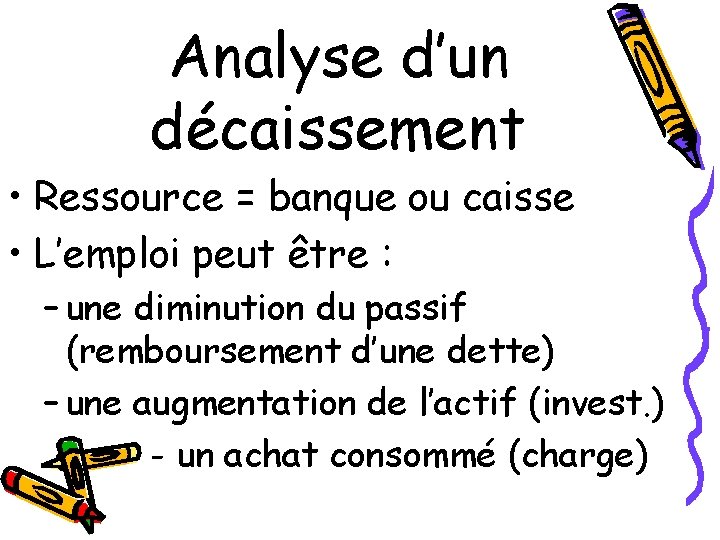 Analyse d’un décaissement • Ressource = banque ou caisse • L’emploi peut être :