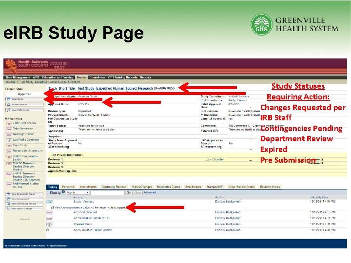 e. IRB Study Page - Study Statuses Requiring Action: Changes Requested per IRB Staff