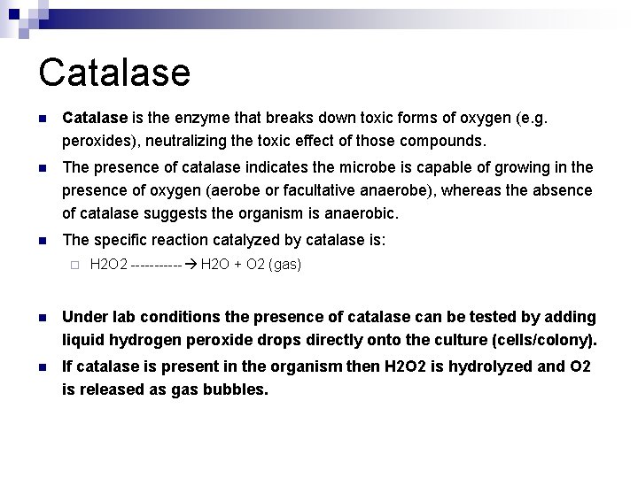 Catalase n Catalase is the enzyme that breaks down toxic forms of oxygen (e.