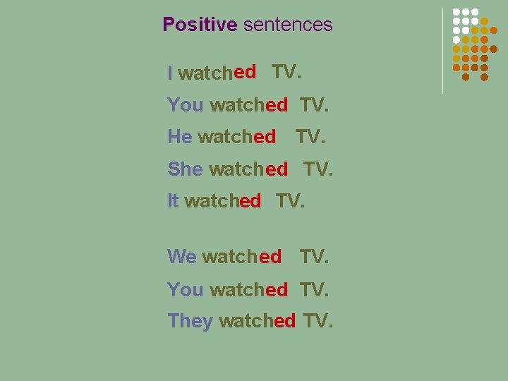 Positive sentences I watched TV. You watched TV. He watched TV. She watched TV.