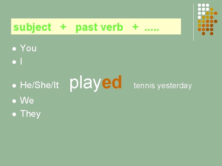 subject + past verb +. . . l You I l He/She/It l We