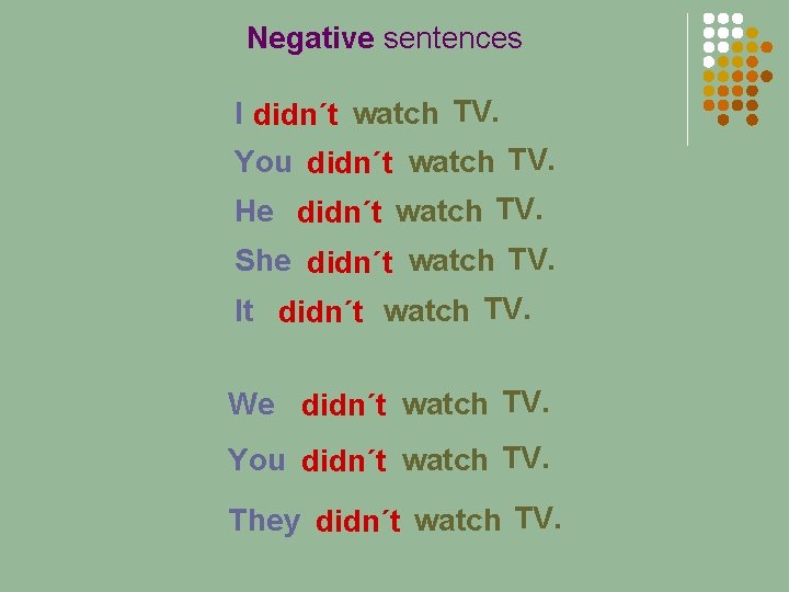 Negative sentences I didn´t watch TV. You didn´t watch TV. He didn´t watch TV.