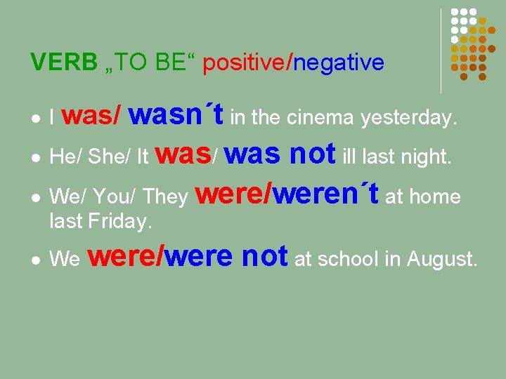 VERB „TO BE“ positive/negative wasn´t in the cinema yesterday. l He/ She/ It was/