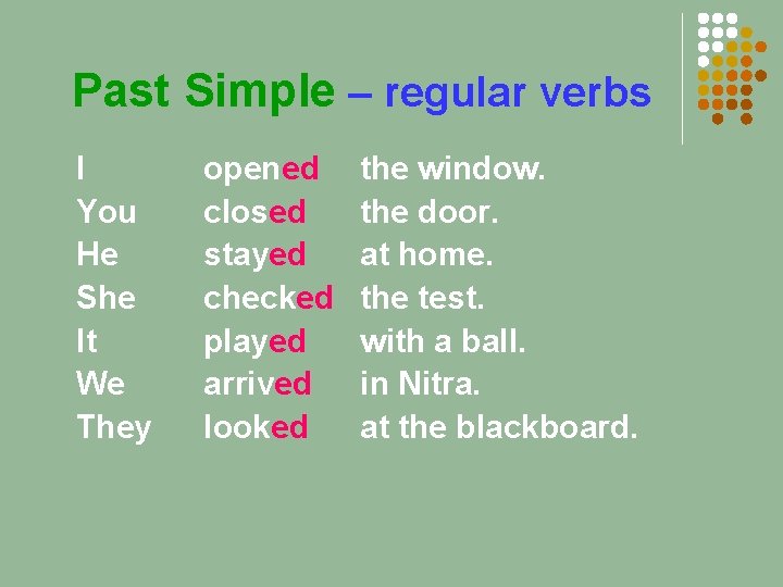 Past Simple – regular verbs I You He She It We They opened closed