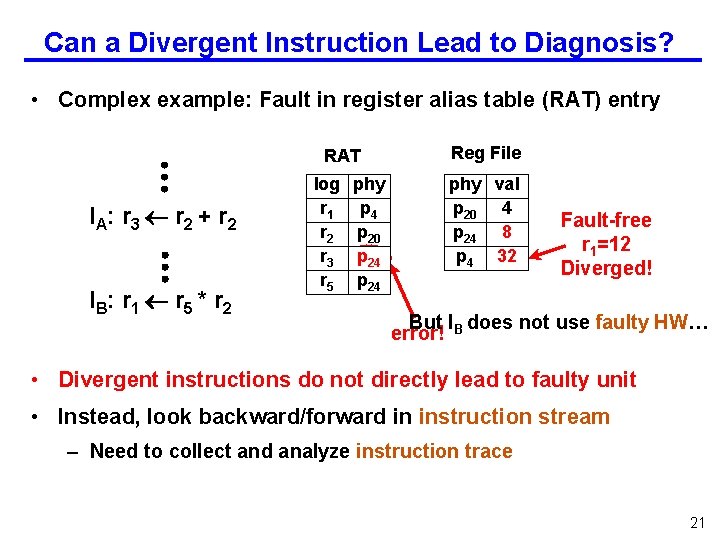 Can a Divergent Instruction Lead to Diagnosis? • Complex example: Fault in register alias