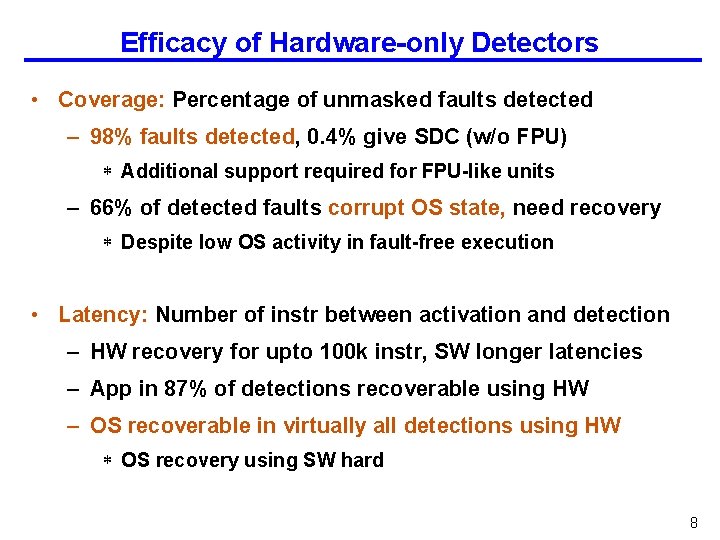 Efficacy of Hardware-only Detectors • Coverage: Percentage of unmasked faults detected – 98% faults