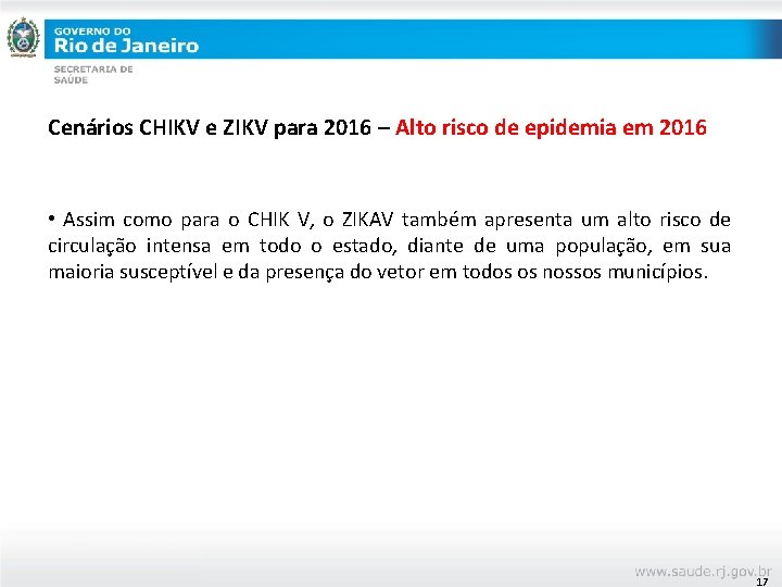 Cenários CHIKV e ZIKV para 2016 – Alto risco de epidemia em 2016 •