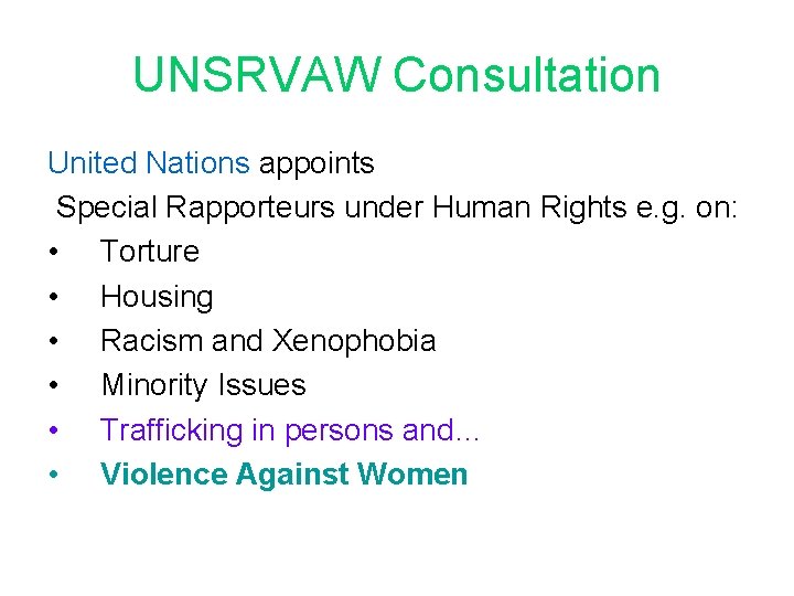 UNSRVAW Consultation United Nations appoints Special Rapporteurs under Human Rights e. g. on: •