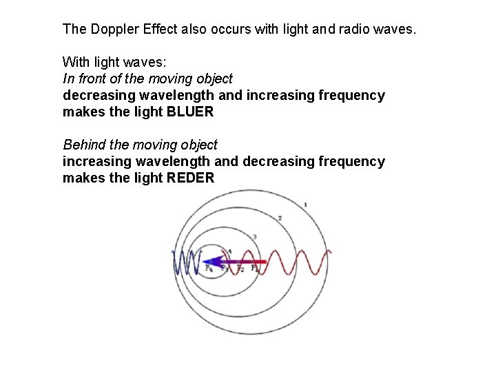 The Doppler Effect also occurs with light and radio waves. With light waves: In