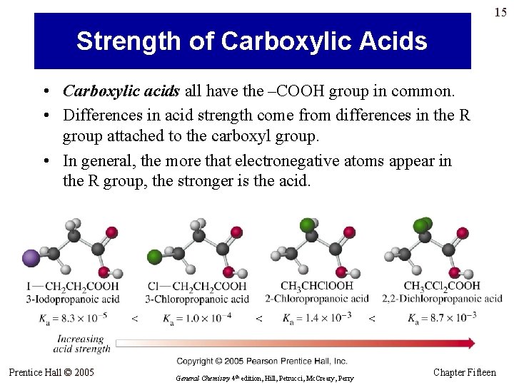 15 Strength of Carboxylic Acids • Carboxylic acids all have the –COOH group in