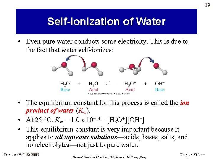 19 Self-Ionization of Water • Even pure water conducts some electricity. This is due