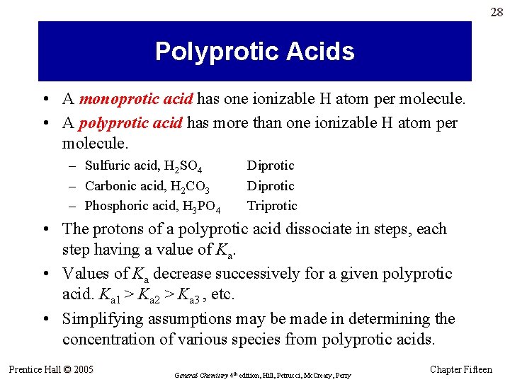 28 Polyprotic Acids • A monoprotic acid has one ionizable H atom per molecule.