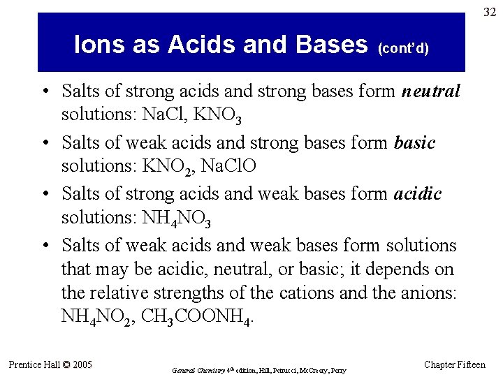 32 Ions as Acids and Bases (cont’d) • Salts of strong acids and strong
