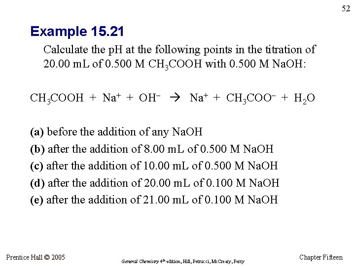 52 Example 15. 21 Calculate the p. H at the following points in the