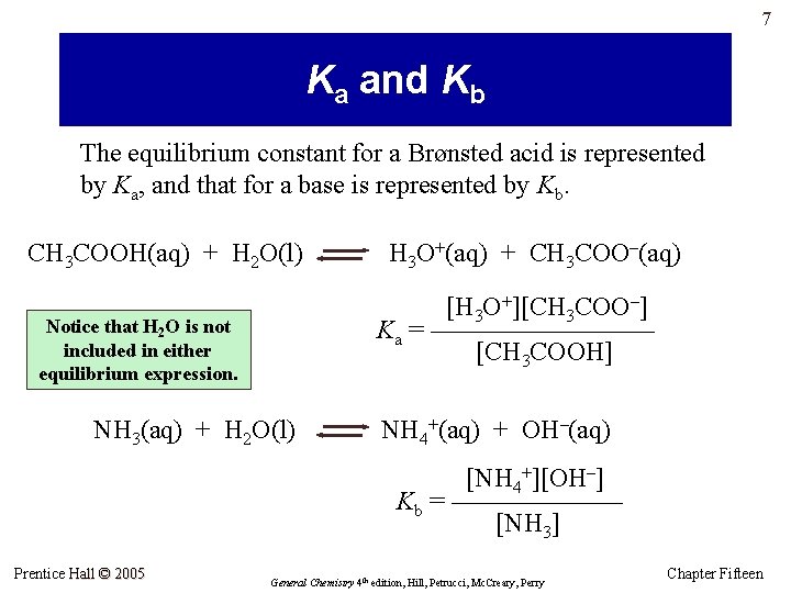 7 Ka and Kb The equilibrium constant for a Brønsted acid is represented by