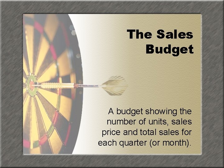 The Sales Budget A budget showing the number of units, sales price and total