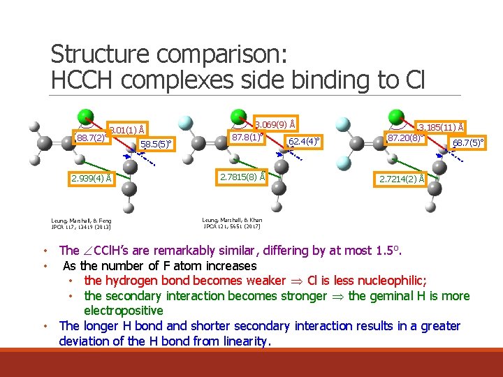 Structure comparison: HCCH complexes side binding to Cl o 88. 7(2) 3. 01(1) Å