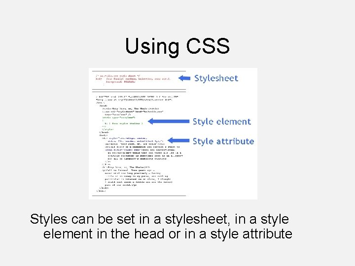 Using CSS Styles can be set in a stylesheet, in a style element in