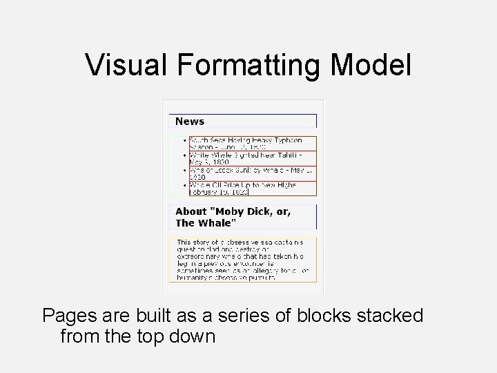 Visual Formatting Model Pages are built as a series of blocks stacked from the