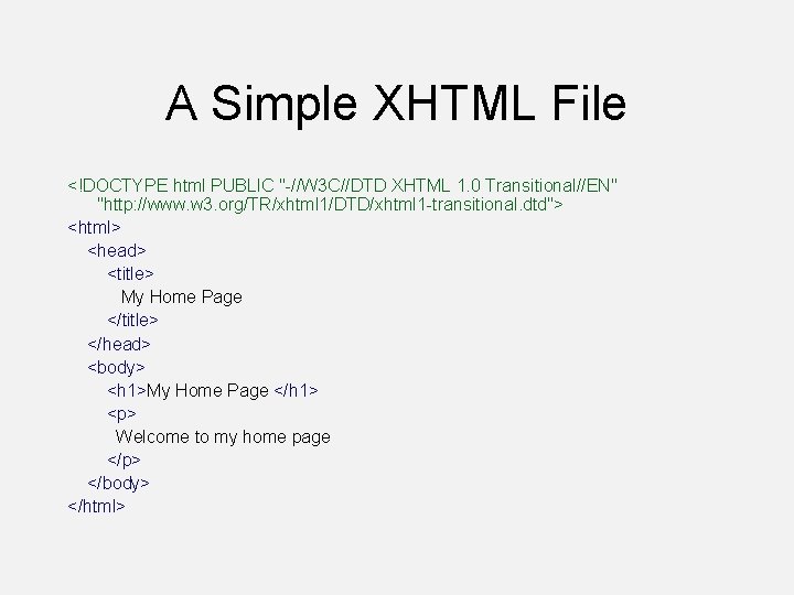 A Simple XHTML File <!DOCTYPE html PUBLIC "-//W 3 C//DTD XHTML 1. 0 Transitional//EN"