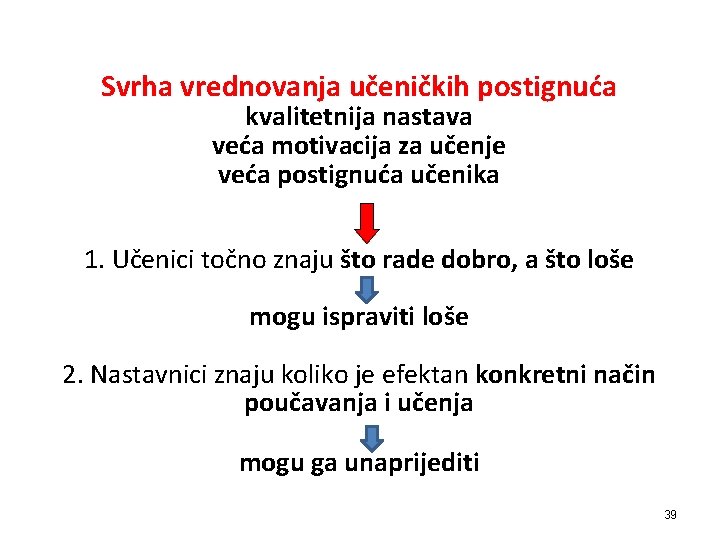 Svrha vrednovanja učeničkih postignuća kvalitetnija nastava veća motivacija za učenje veća postignuća učenika 1.