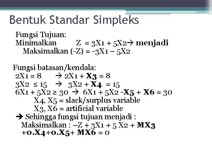 Bentuk Standar Simpleks Fungsi Tujuan: Minimalkan Z = 3 X 1 + 5 X