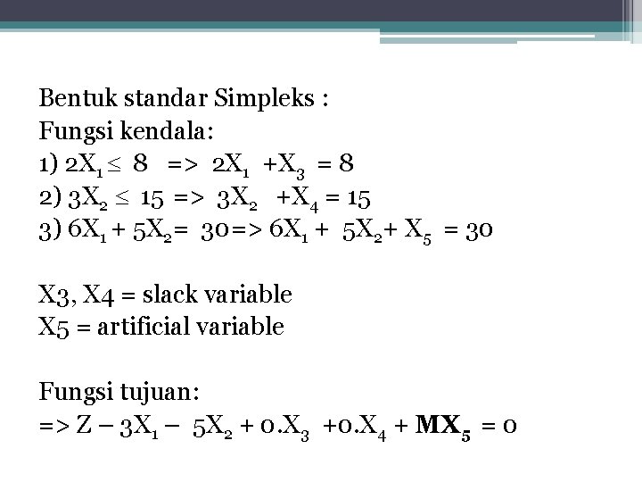 Bentuk standar Simpleks : Fungsi kendala: 1) 2 X 1 8 => 2 X