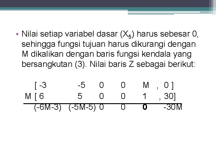  • Nilai setiap variabel dasar (X 5) harus sebesar 0, sehingga fungsi tujuan