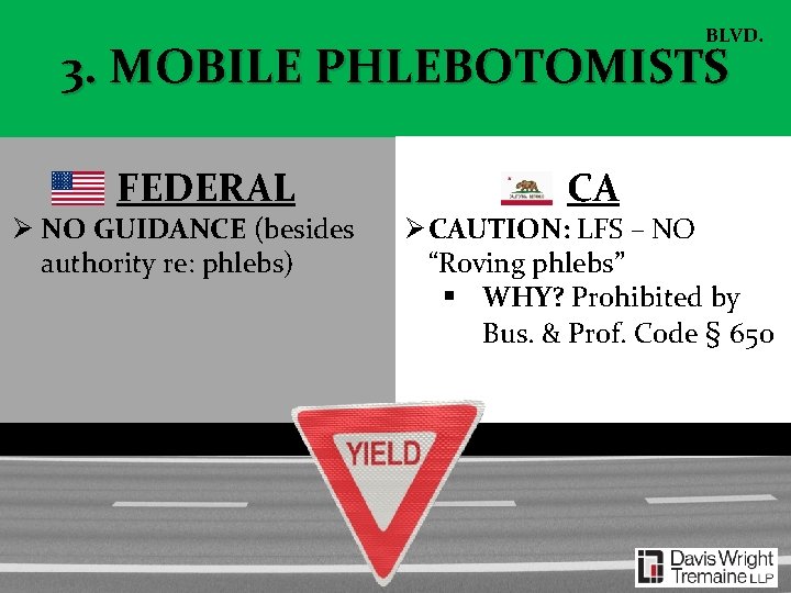 BLVD. 3. MOBILE PHLEBOTOMISTS FEDERAL Ø NO GUIDANCE (besides authority re: phlebs) CA Ø