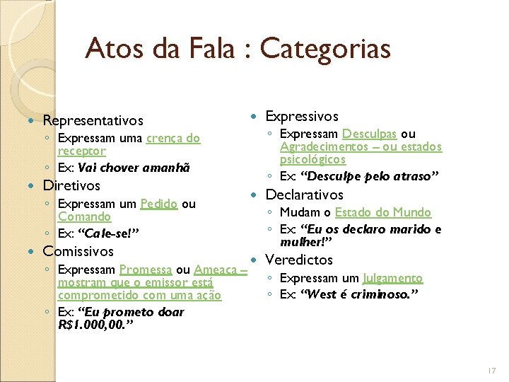 Atos da Fala : Categorias Representativos ◦ Expressam Desculpas ou Agradecimentos – ou estados