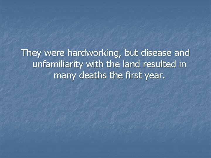 They were hardworking, but disease and unfamiliarity with the land resulted in many deaths