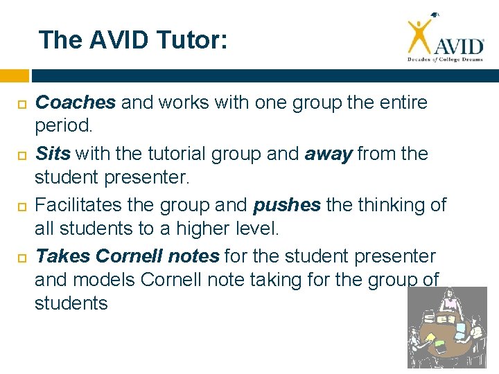 The AVID Tutor: Coaches and works with one group the entire period. Sits with