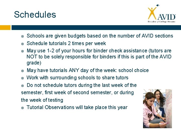 Schedules Schools are given budgets based on the number of AVID sections Schedule tutorials