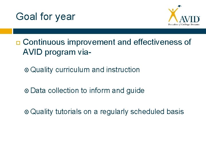 Goal for year Continuous improvement and effectiveness of AVID program via Quality Data curriculum