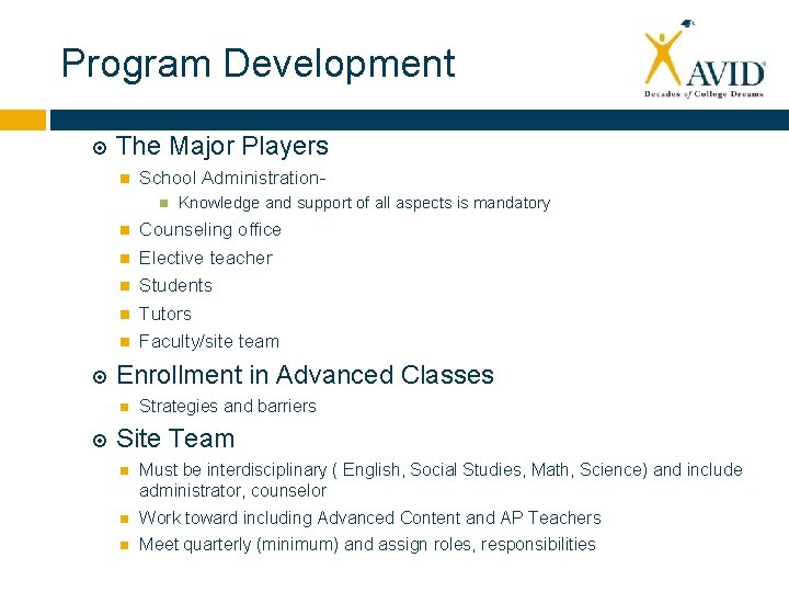 Program Development The Major Players School Administration Counseling office Elective teacher Students Tutors Faculty/site