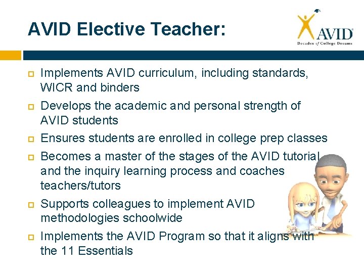 AVID Elective Teacher: Implements AVID curriculum, including standards, WICR and binders Develops the academic
