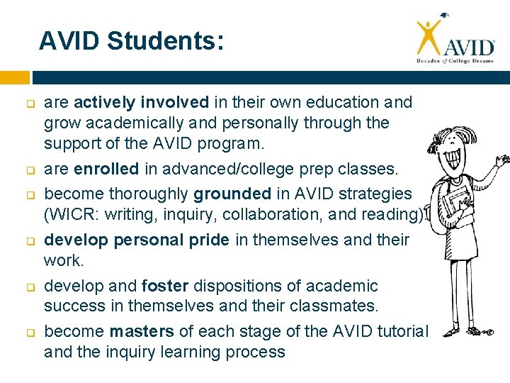 AVID Students: q q q are actively involved in their own education and grow