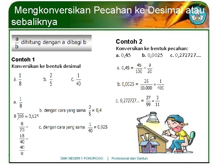 Mengkonversikan Pecahan ke Desimal atau sebaliknya Contoh 2 Contoh 1 Konversikan ke bentuk desimal