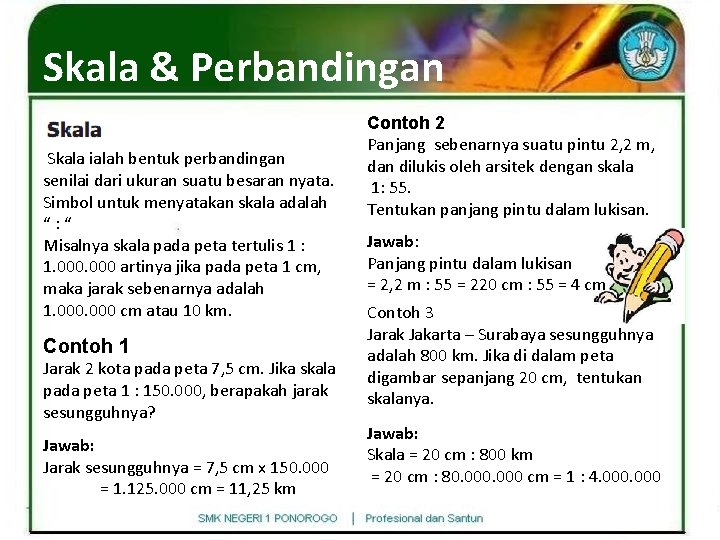 Skala & Perbandingan Skala ialah bentuk perbandingan senilai dari ukuran suatu besaran nyata. Simbol