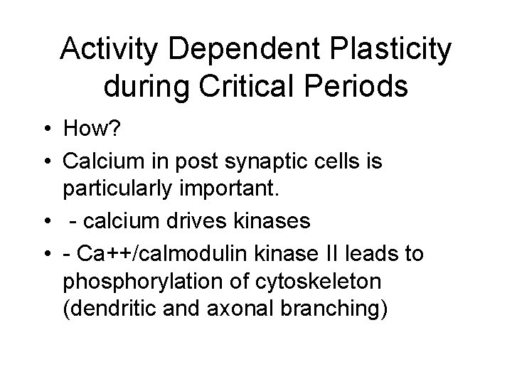 Activity Dependent Plasticity during Critical Periods • How? • Calcium in post synaptic cells